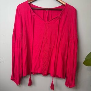 Copper Key Boho Peasant Blouse Pink Tassel Tie-Front Cottagecore Women’s Large